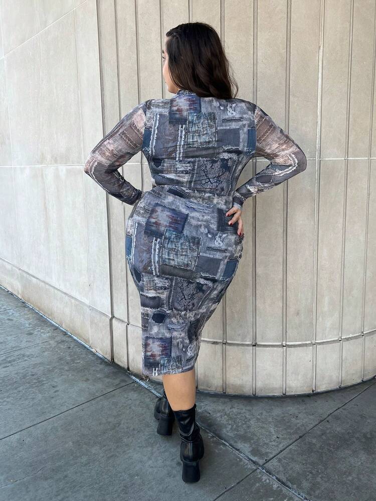 Plus Size Patchwork Printed Long Sleeve Bodycon Dress