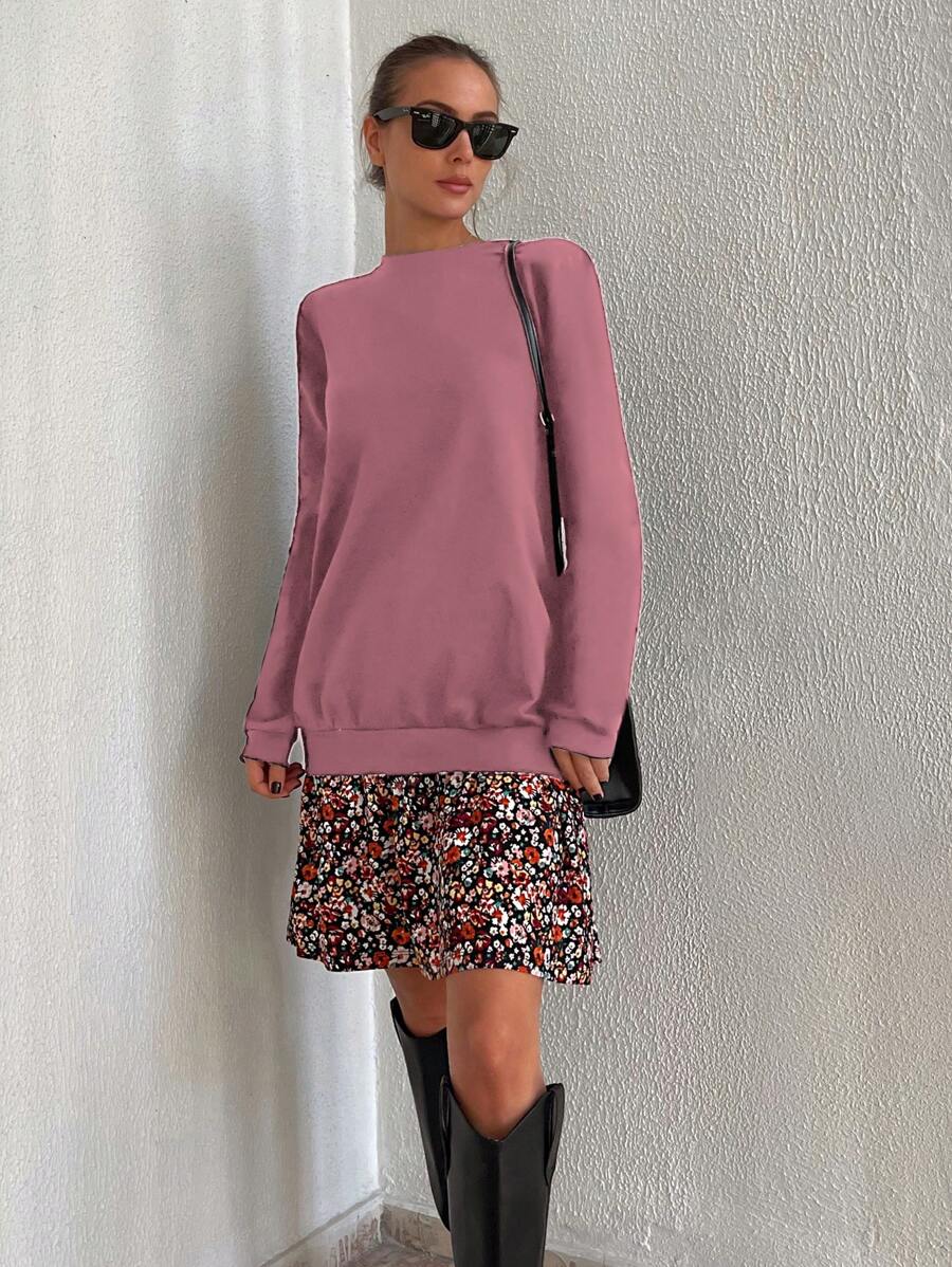 EURMUSE Contrast Ditsy Floral Ruffle Hem Sweatshirt Dress - Pink - View 1