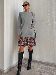 RueChic Solid Round Neck Sweatshirt Dress - Grey - View 4