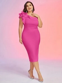 Plus Size One Shoulder Ruffle Hem Solid Bodycon Party Dress - Pink - View 6