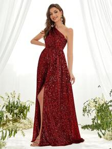 Maternity One Shoulder Split Thigh Sequin Formal Dress - Red - View 6