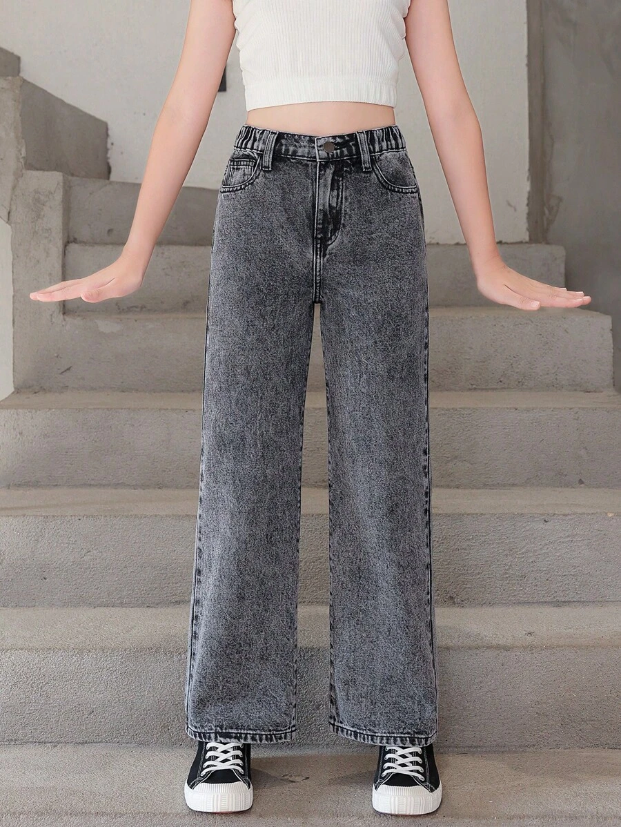 少女休闲波西米亚风都市弹力腰平口袋直筒牛仔裤，日常时尚 - 黑色 - 查看 1