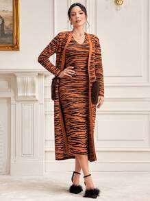 Modelyn Tiger Skin Pattern Sweater Dress & Cardigan 2 Piece Set Fall Cloth For Women - Redwood - View 6