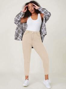 Pantalones ajustados de talla grande de color liso con cierre de cremallera - Caqui - Ver 3