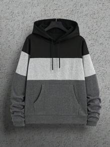 Nam Khối màu Dây rút Hoodie Với Túi kangaroo - màu đen - Xem 1