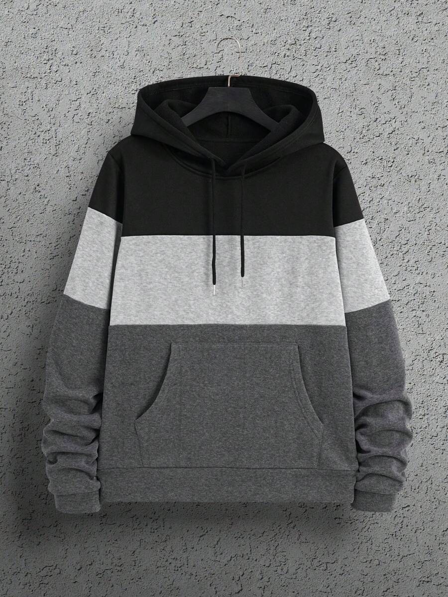 Nam Khối màu Dây rút Hoodie Với Túi kangaroo - màu đen - Xem 1