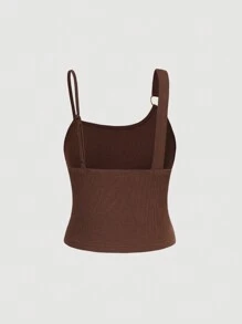 SHEIN MOD Solid Ring Detail Asymmetrical Shoulder Top - Brown - View 2