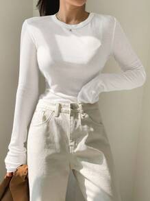 DAZY Solid Ribbed Knit Tee - White - View 2