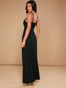 SHEIN Belle 纯色裹身下摆吊带连衣裙黑色优雅正式晚会舞会婚礼宾客礼服，适合毕业典礼、晚宴派对礼服 - 黑色 - 查看 3