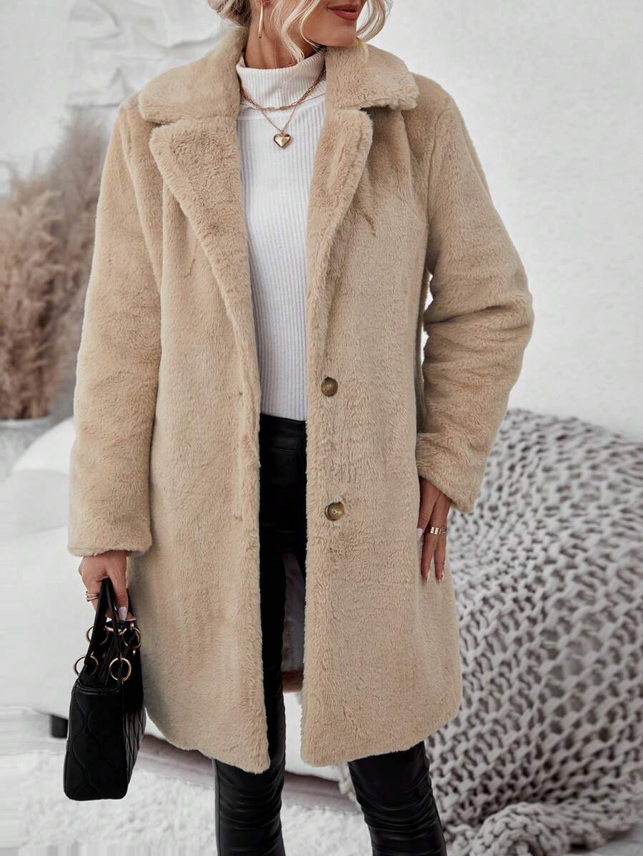SHEIN Essnce Cổ áo Ngực đơn 	
Fuzzy áo - Màu Khaki - Xem 1
