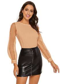 SHEIN Privé Solid Pearls Beaded Contrast Mesh Sleeve Blouse - Khaki - View 6