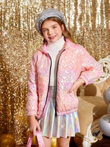 SHEIN Tween Girl' 激光面料心形拼布连帽短款棉服外套 - 粉色 - 查看 1
