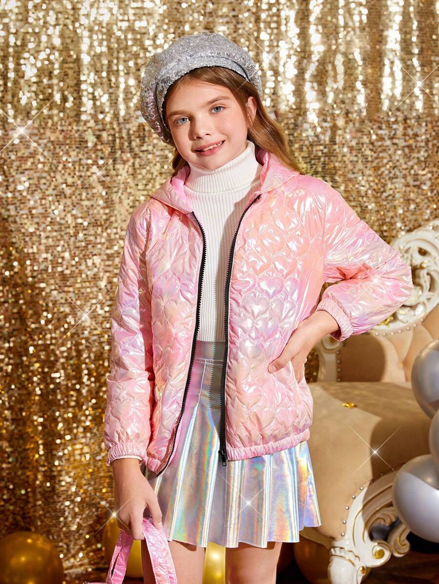 SHEIN Tween Girl' 激光面料心形拼布连帽短款棉服外套 - 粉色 - 查看 1