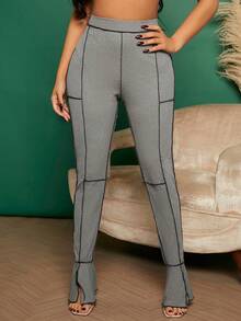 SHEIN SXY Contrast Top-stitching Split Hem Leggings - Grey - View 6