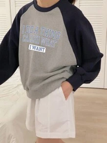 DAZY Đồ họa Chữ cái Tay Raglan Áo chui đầu Oversized - Xám - Xem 5