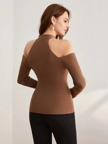 BizChic Halter Neck Đồ đan Ribbed Áo len - Màu Khaki - Xem 2