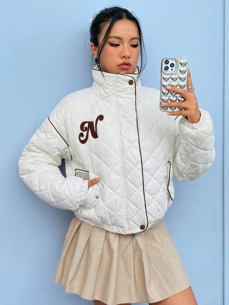 Letter Patched Contrast Piping Drop Shoulder Quilted Coat