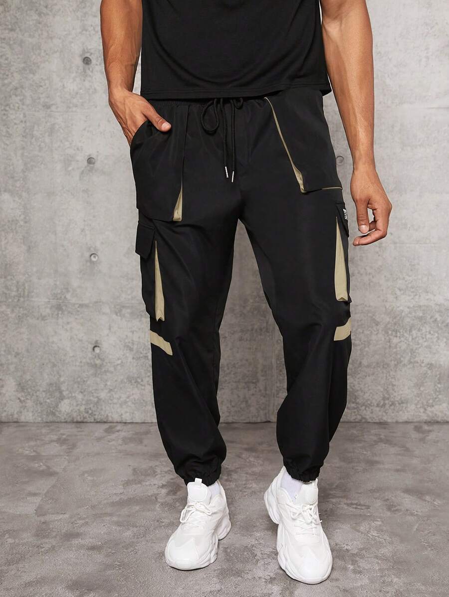 Manfinity RebelGame Men Contrast Panel Flap Pocket Side Drawstring Waist Cargo Pants - Khaki - View 1