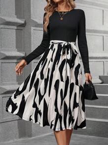 SHEIN Clasi Vestido con cinturón con estampado de dibujo - Multicolor - Ver 1
