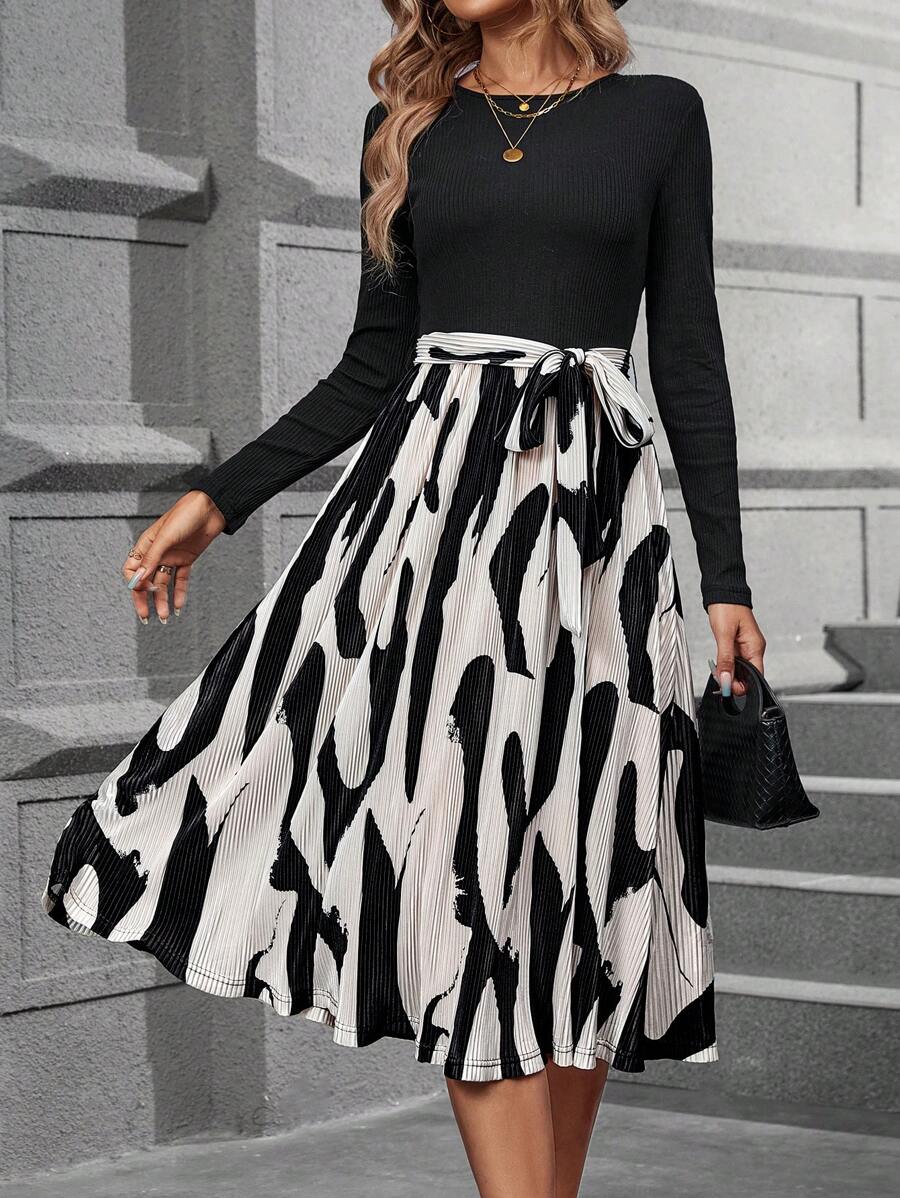 SHEIN Clasi Vestido con cinturón con estampado de dibujo - Multicolor - Ver 1