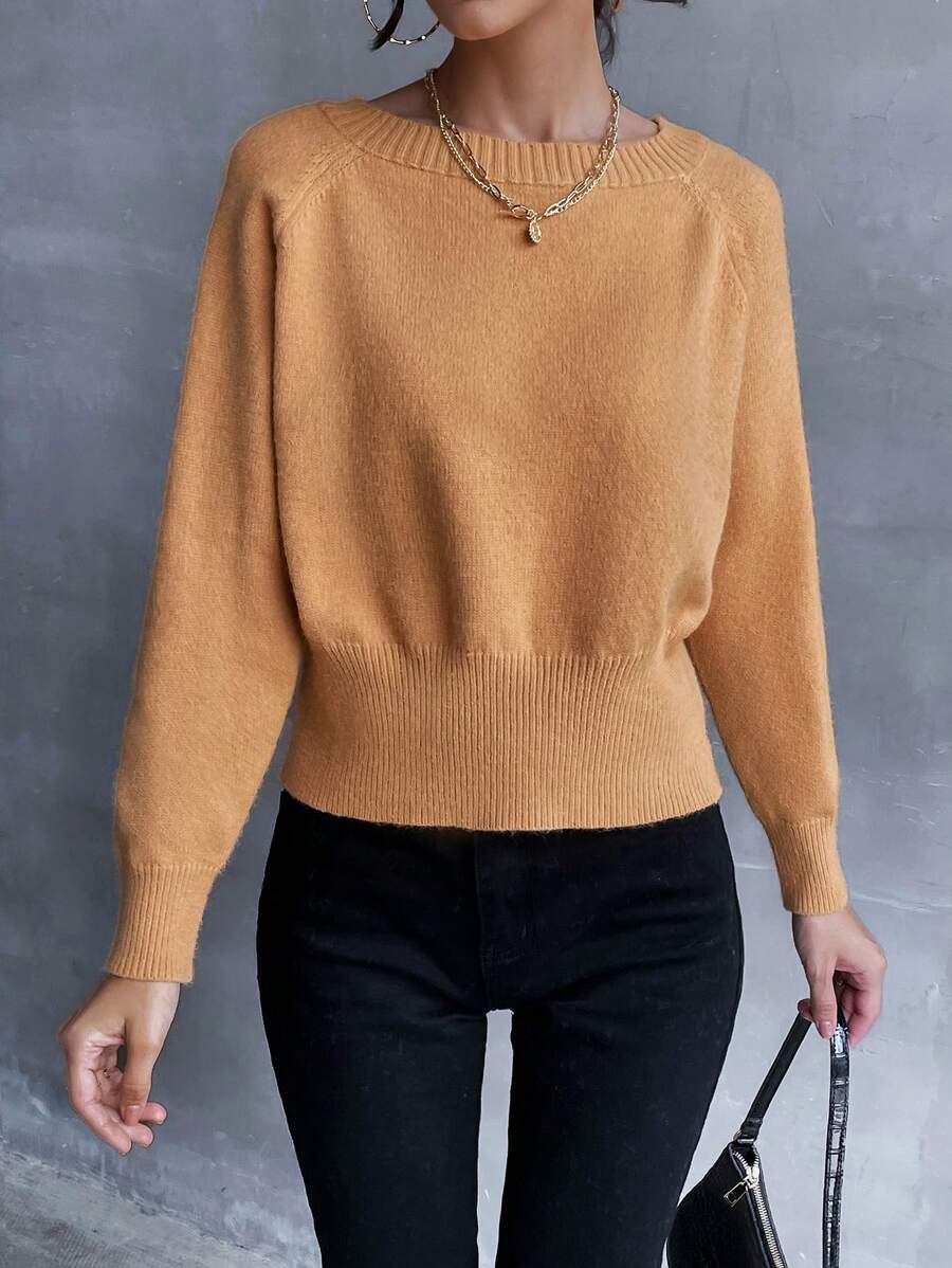 SHEIN Frenchy Áo len tay Raglan cổ tròn màu trơn thông thường - trái cam - Xem 1