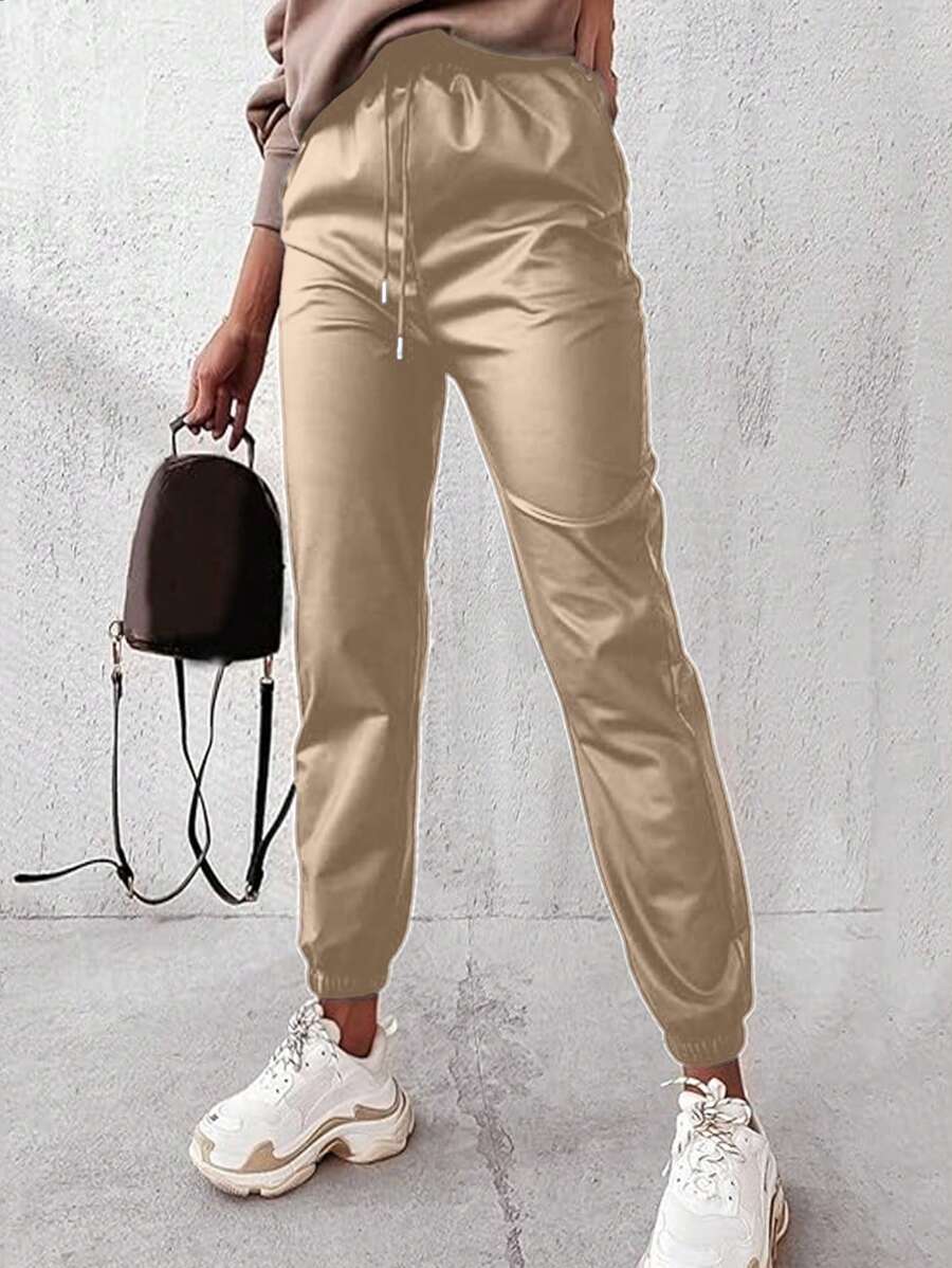 EURMUSE Solid Drawstring Waist Pants - Beige - View 1