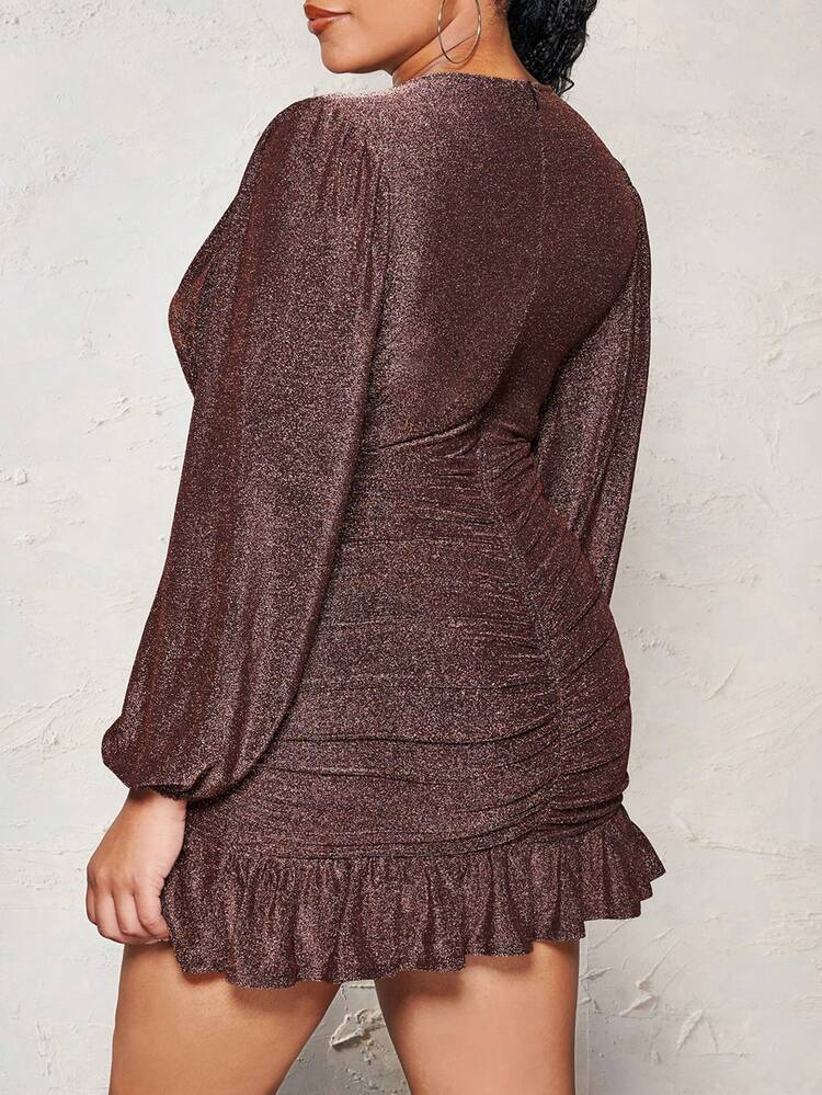 Plus Plunging Neck Lantern Sleeve Ruched Ruffle Hem Glitter Dress