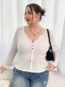 Flirla Talla grande Camiseta con botón delantero de cuello de muesca - Blanco - Ver 4