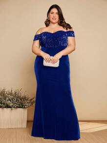 SHEIN Belle Plus Off Shoulder Sequin Insert Mermaid Hem Formal Dress - Teal Blue - View 1