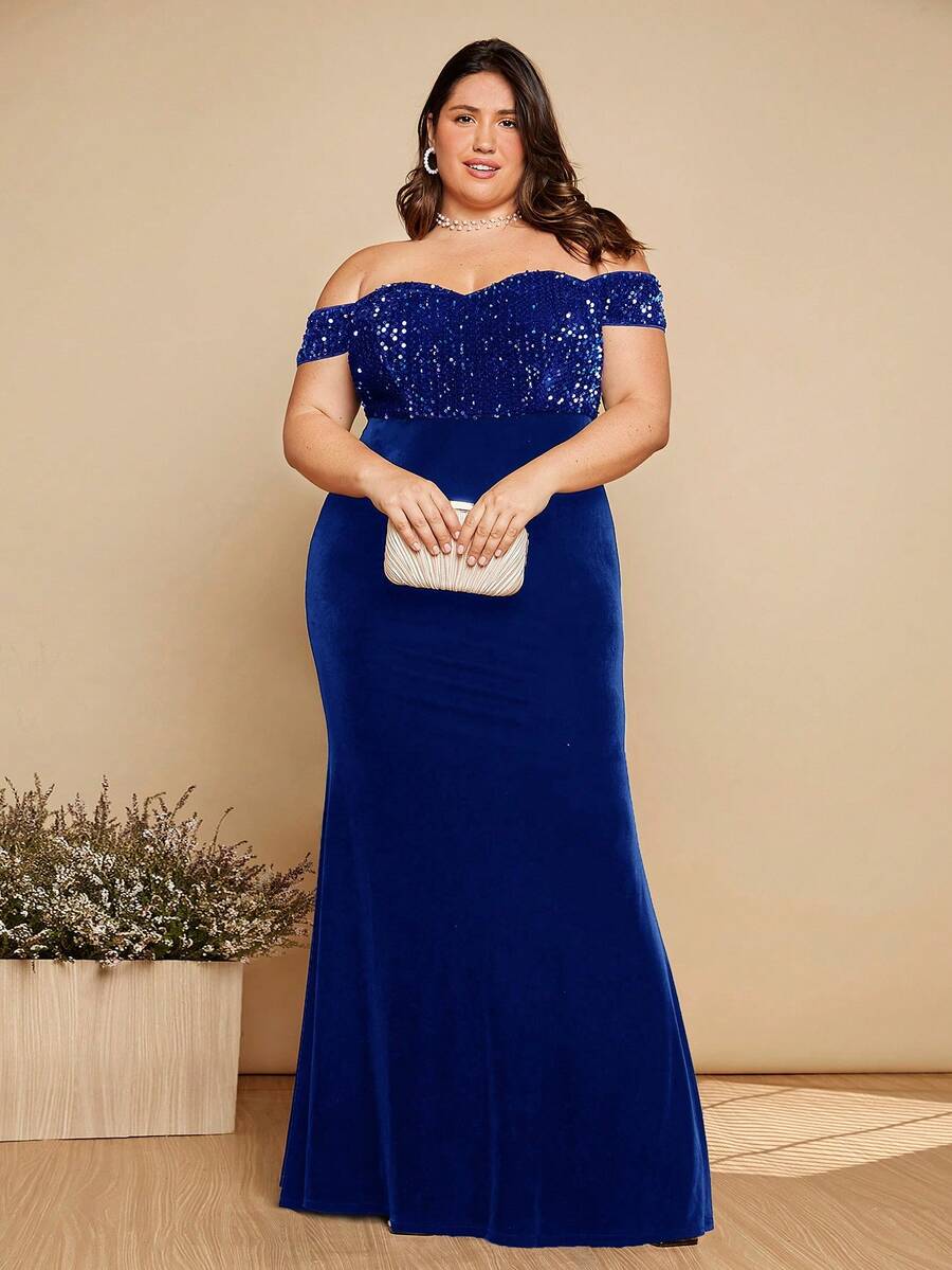 SHEIN Belle Plus Off Shoulder Sequin Insert Mermaid Hem Formal Dress - Teal Blue - View 1
