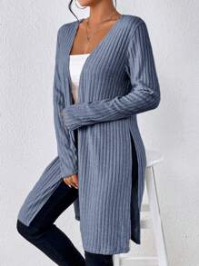 SHEIN Frenchy Viền chia cắt Đồ đan Ribbed Mở Mặt trước áo - Màu xanh lam - Xem 4