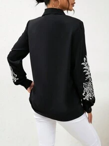 SHEIN Privé Floral Embroidery Button Front Shirt - Black - View 3