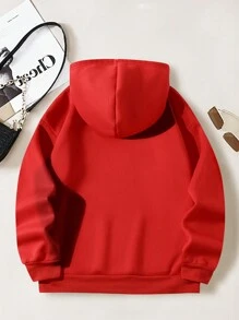 SHEIN EZwear 聖誕雪人印花袋鼠口袋抽繩加絨內裏連帽衫 - 紅色 - 查看 2