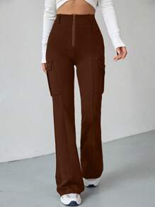 SHEIN EZwear 翻盖口袋侧喇叭形 Y2k 裤腿 - 棕色 - 查看 4