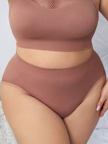 Plus Solid High Waist Panty - Brown - View 1