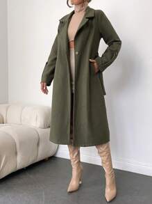 EURMUSE Lapel Neck Double Button Belted Overcoat - Khaki - View 3