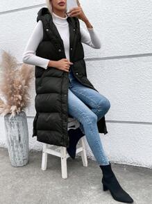 SHEIN LUNE Slant Pockets Hooded Vest Padded Padded Coat Clothes Winter - Black - View 6