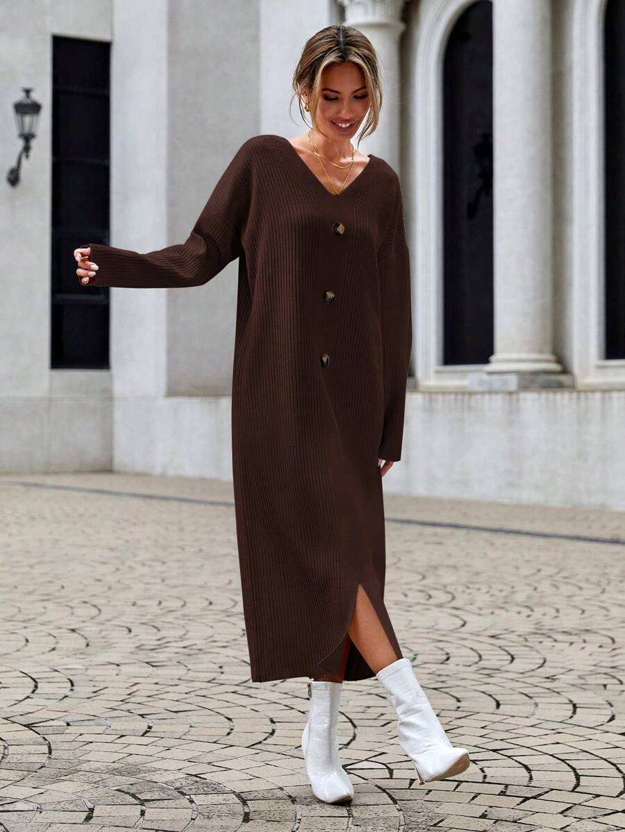 EURMUSE Drop Shoulder Button Detail Split Hem Sweater Dress - Brown - View 1