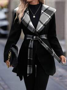 SHEIN LUNE Abrigo de cuadros en contraste con estampado con capucha con cinturón - Gris - Ver 4