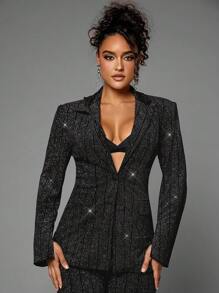 SHEIN BAE Lapel Neck Glitter Blazer - Black - View 1