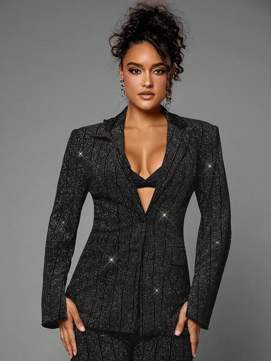 SHEIN BAE Lapel Neck Glitter Blazer - Black - View 1