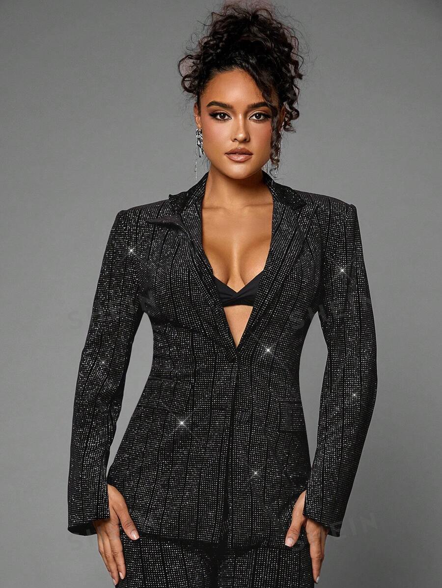 SHEIN BAE Blazer mit Revers, Glitzer, - Schwarz - Übersicht 1
