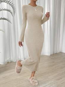 SHEIN LUNE Solid Ribbed Knit Bodycon Dress - Apricot - View 4