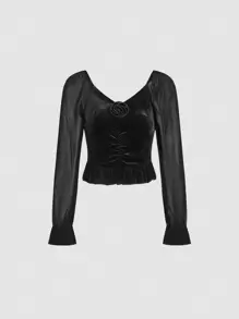 SHEIN MOD Top de manga con volante fruncido delantero - Negro - Ver 1