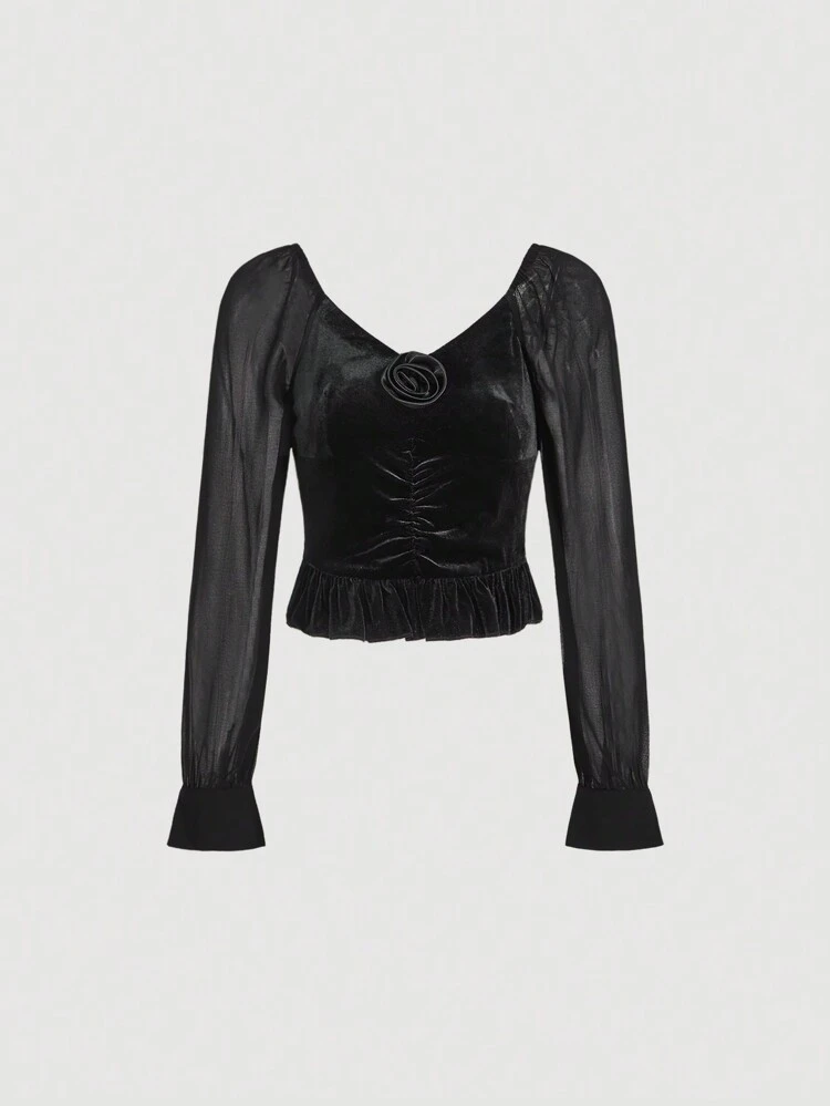 Flounce Sleeve Ruched Front Top