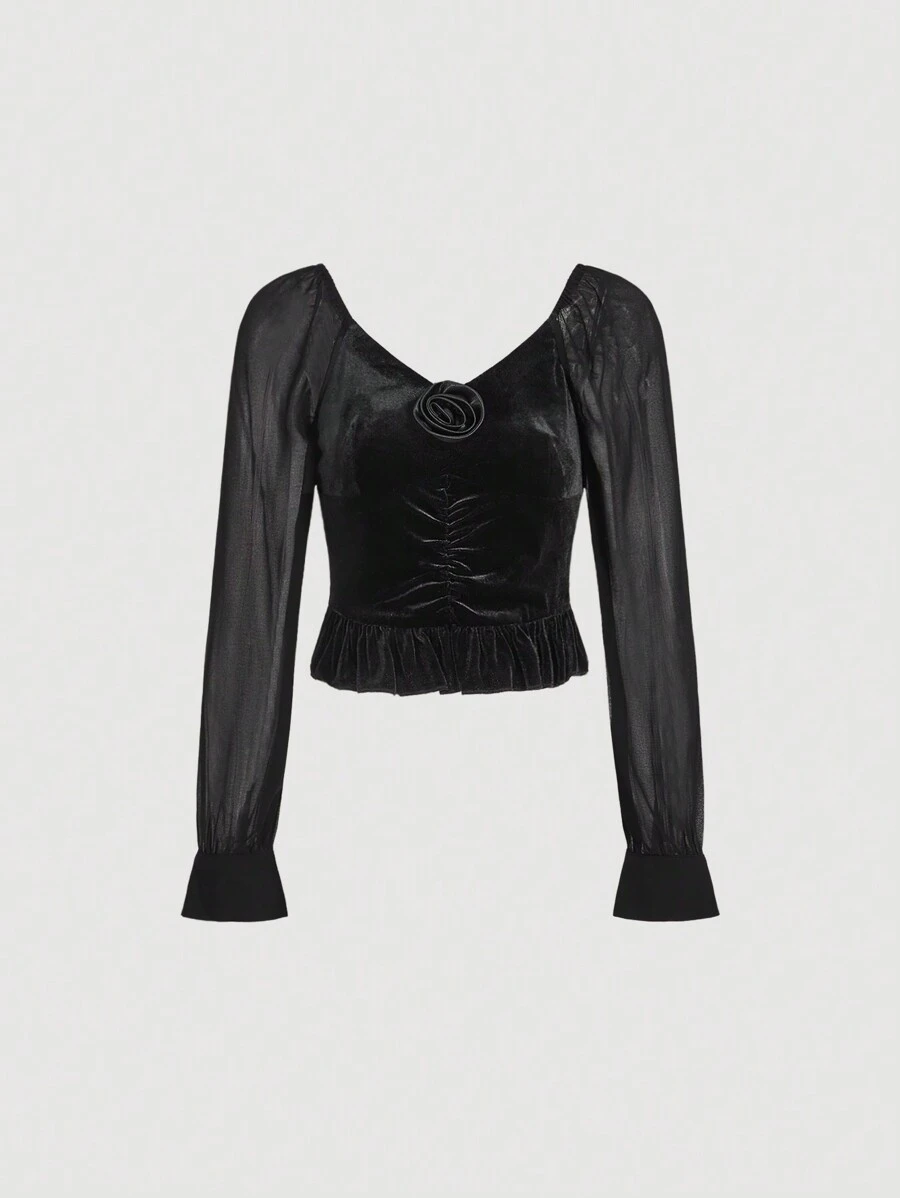 SHEIN MOD Top de manga con volante fruncido delantero - Negro - Ver 1