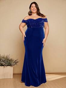 SHEIN Belle Plus Off Shoulder Sequin Insert Mermaid Hem Formal Dress - Teal Blue - View 3
