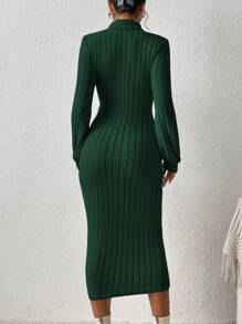 SHEIN Frenchy Turtleneck Lantern Dress With Sleeves Sleeve Ribbed Knit Bodycon Dress Without Belt Winter Elegant Evening Dress - Dark Green - View 2
