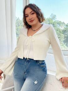 Flirla Talla grande Cárdigan crop de cuello exagerado con nudo delantero - Blanco - Ver 7
