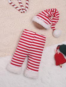 Baby Girl Striped Print Pom Pom Trimmed Hat & Shorts - Multicolor - View 5